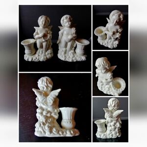 Ivory Off-White Angel Cherubs Ceramic Porcelain Candle Holder Figurines Set of 2
